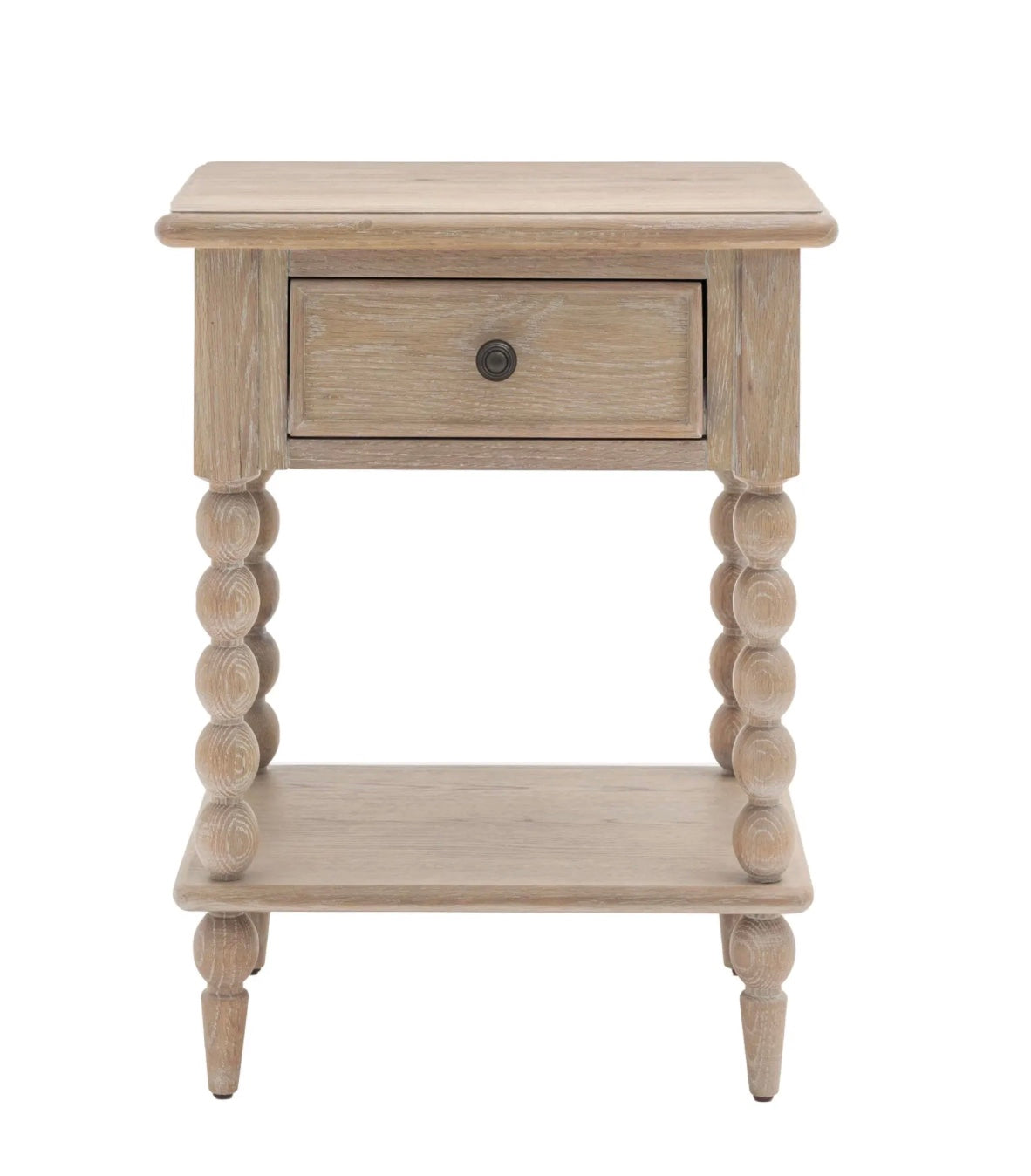 Artisan bedside drawer nightstand in light gray distressed wood with turned spindle legs and single drawer for storage