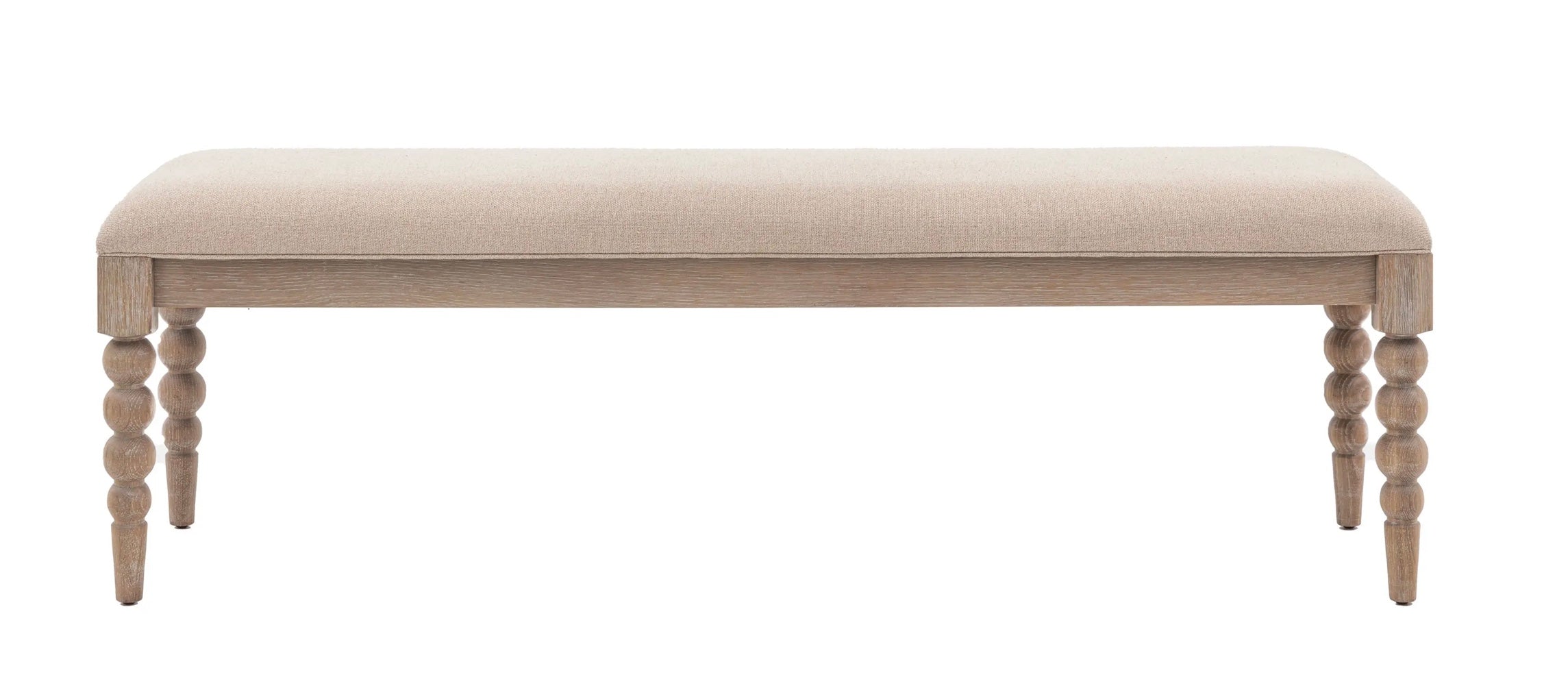 Artisan dining bench with beige upholstered seat and turned wooden legs perfect for dining room seating