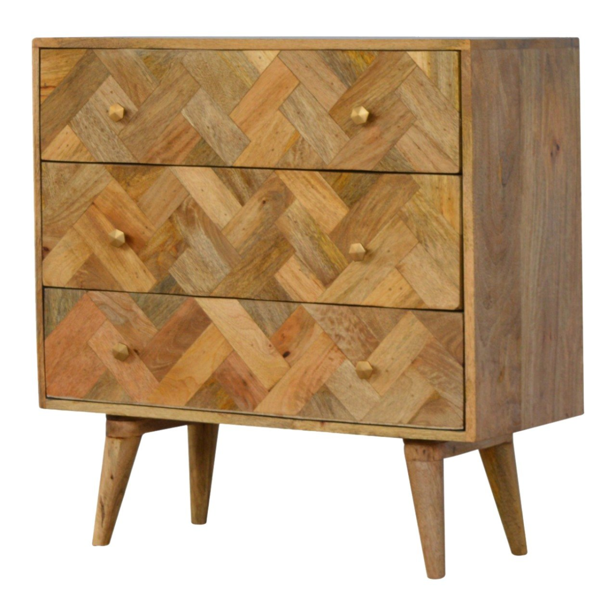 Artisan furniture solid mango wood chest with three drawers and herringbone zig-zag pattern on tapered legs