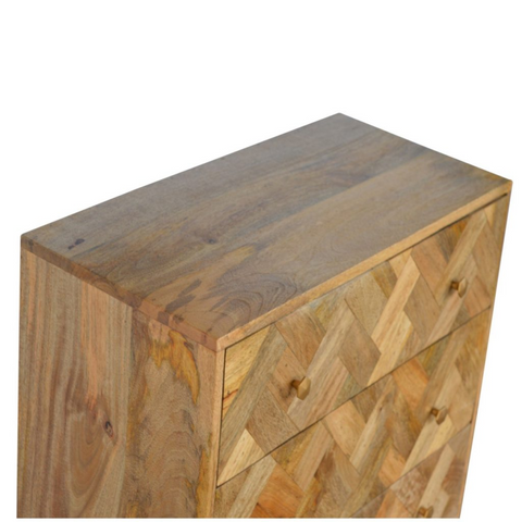 Rustic wooden dresser with herringbone pattern in natural finished solid mango wood 3 drawer chest