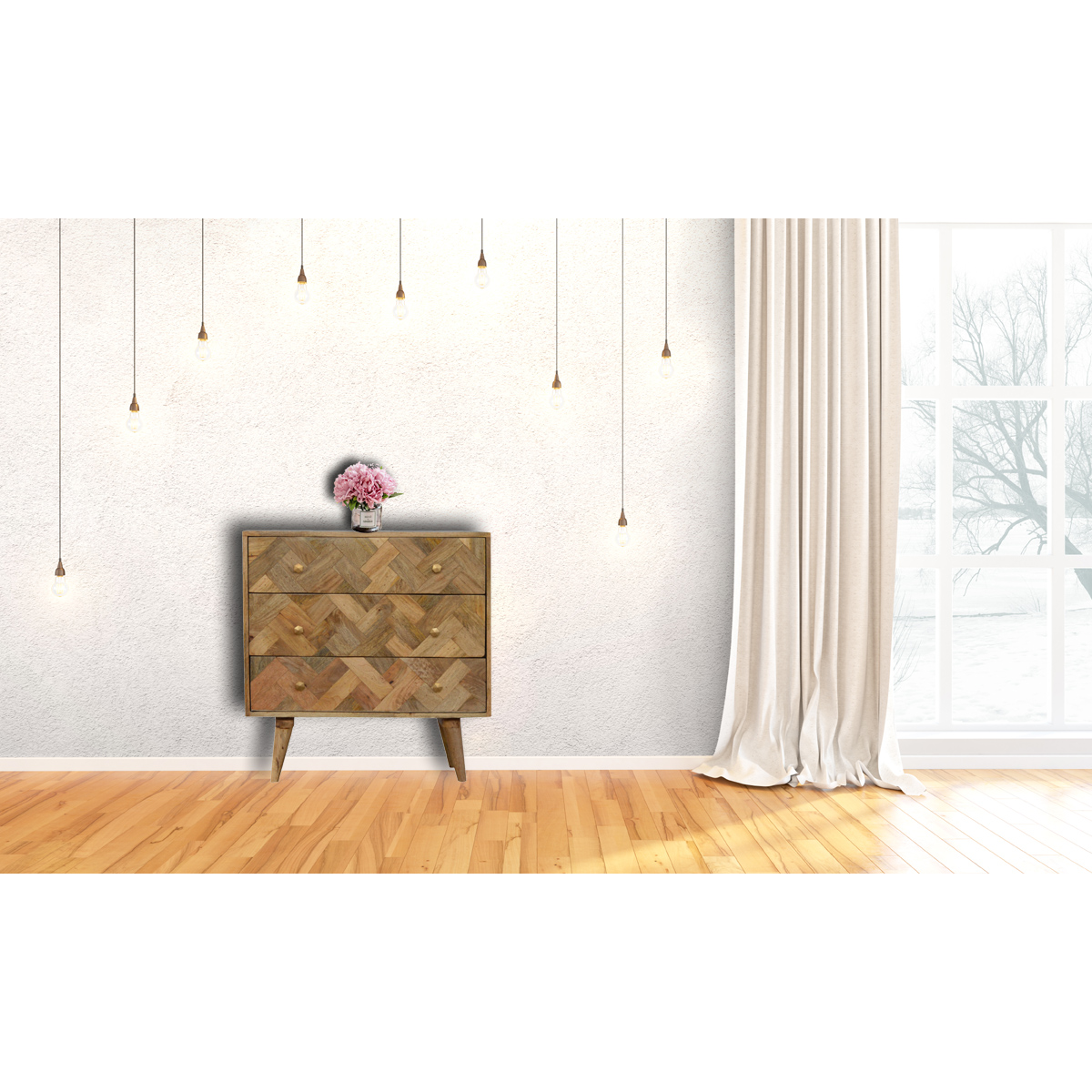 A solid mango wood dresser with three drawers and a herringbone pattern featuring round brass knobs