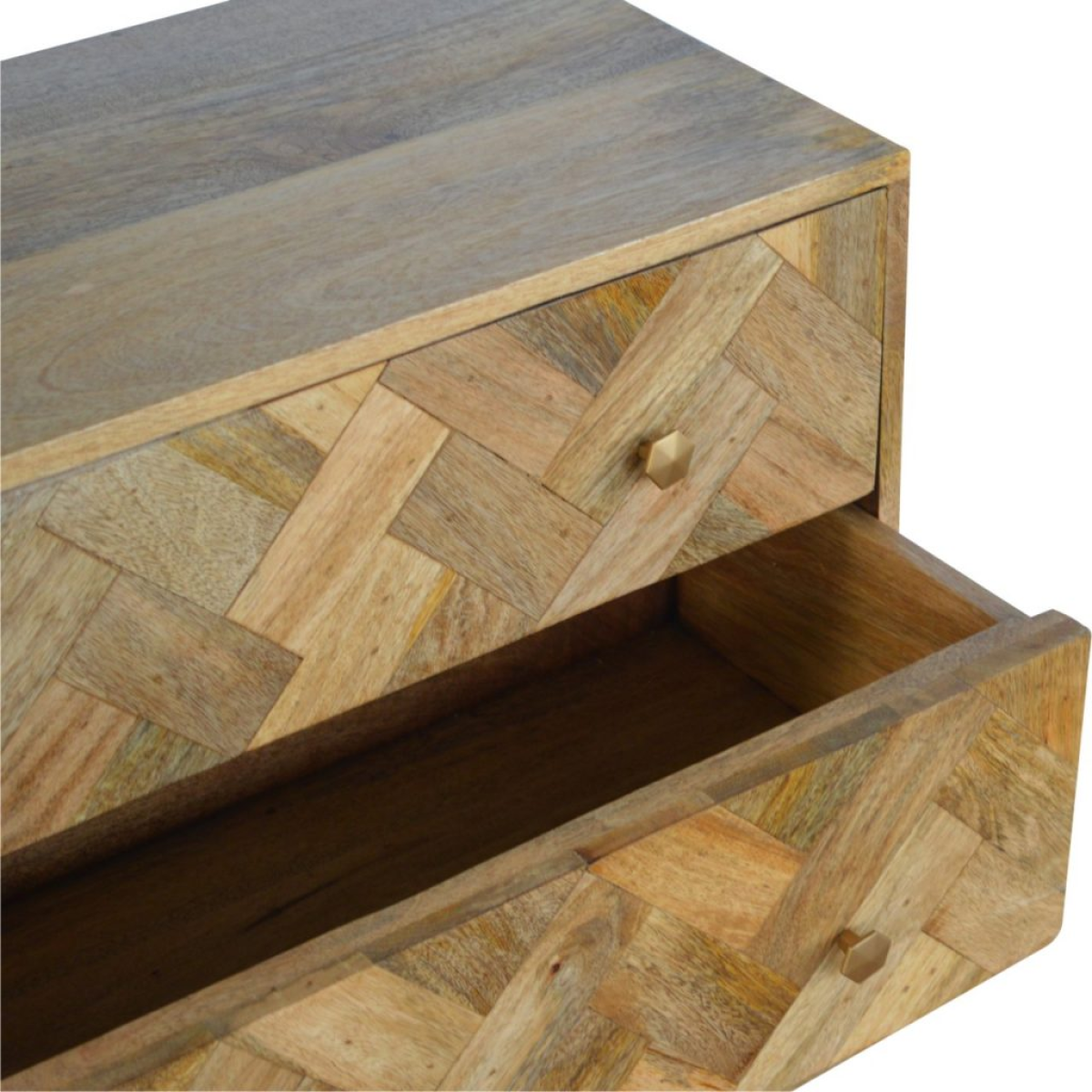 Artisan furniture solid mango wood nightstand with 3 drawers and herringbone patterned natural wood tones