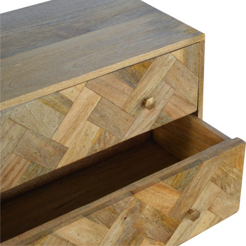Artisan furniture solid mango wood nightstand with 3 drawers and herringbone patterned natural wood tones