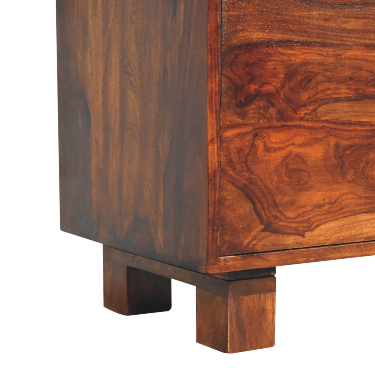 Dark brown artisan aspen sideboard with swirling grain patterns and square block feet made from solid mango wood
