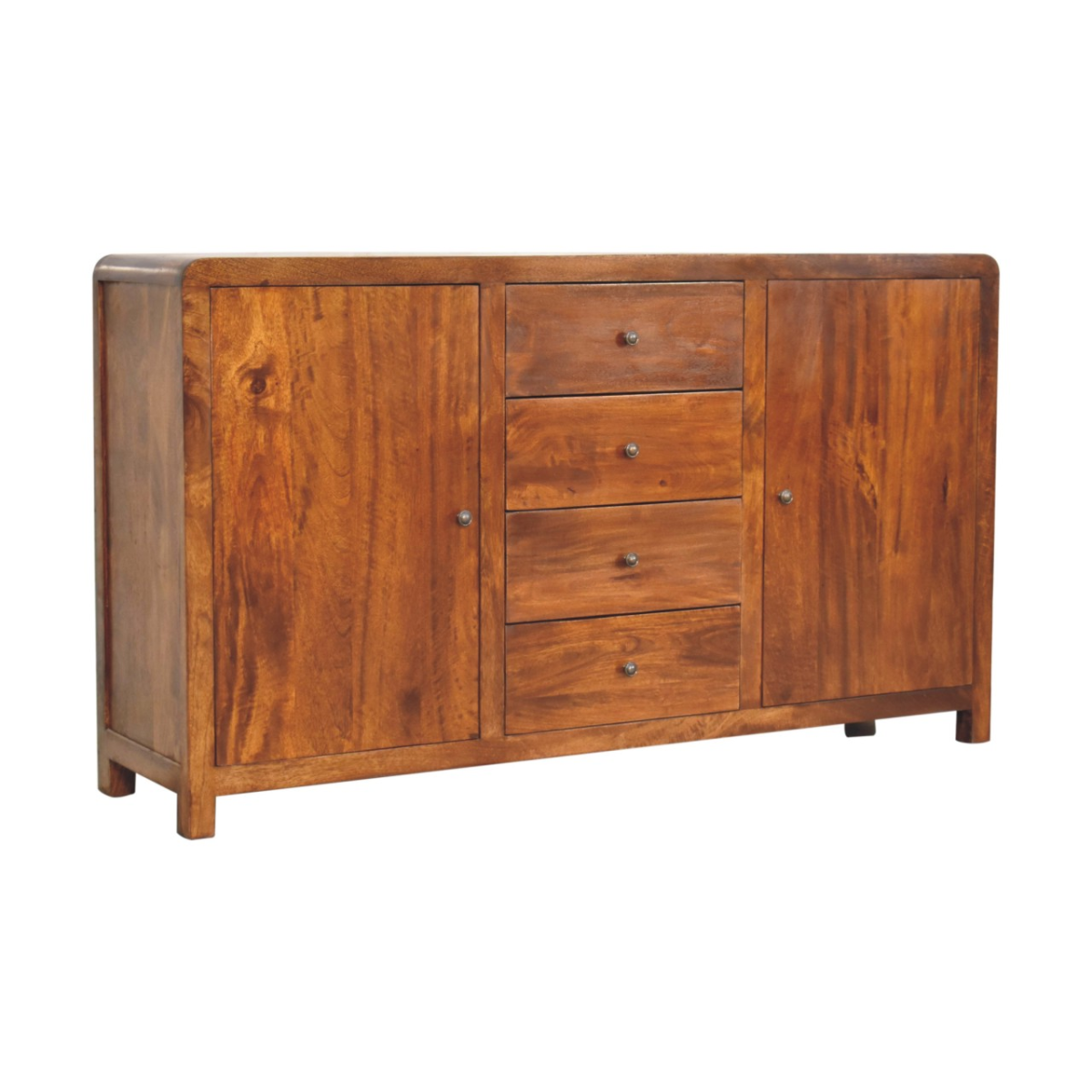 Rich brown artisan furniture solid mango wood aspen sideboard with two cabinet doors and four drawers with round knobs