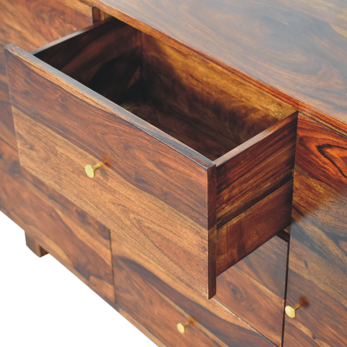 Rich dark brown artisan furniture solid mango wood aspen sideboard with visible grain and gold round knobs on drawers