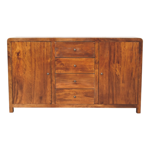 Warm-toned artisan furniture solid mango wood aspen sideboard with two doors and four drawers with round metal knobs