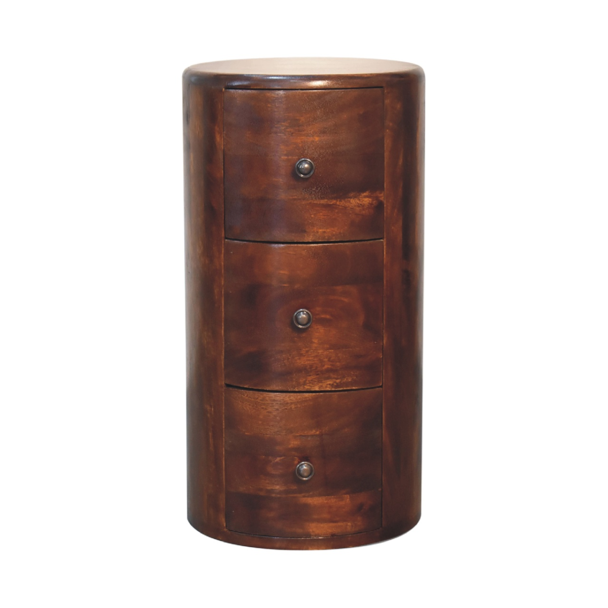 Artisan furniture solid mango wood drum chest with three drawers and round metallic knobs in dark brown finish