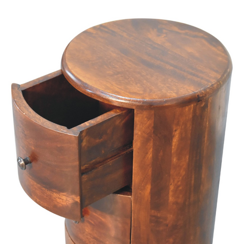 Rich brown solid mango wood drum chest nightstand with a curved drawer and metal knob for artisan furniture fans