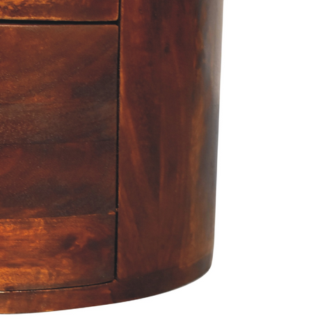 Artisan furniture solid mango wood chestnut drum chest with rich dark brown polished finish and visible grain patterns