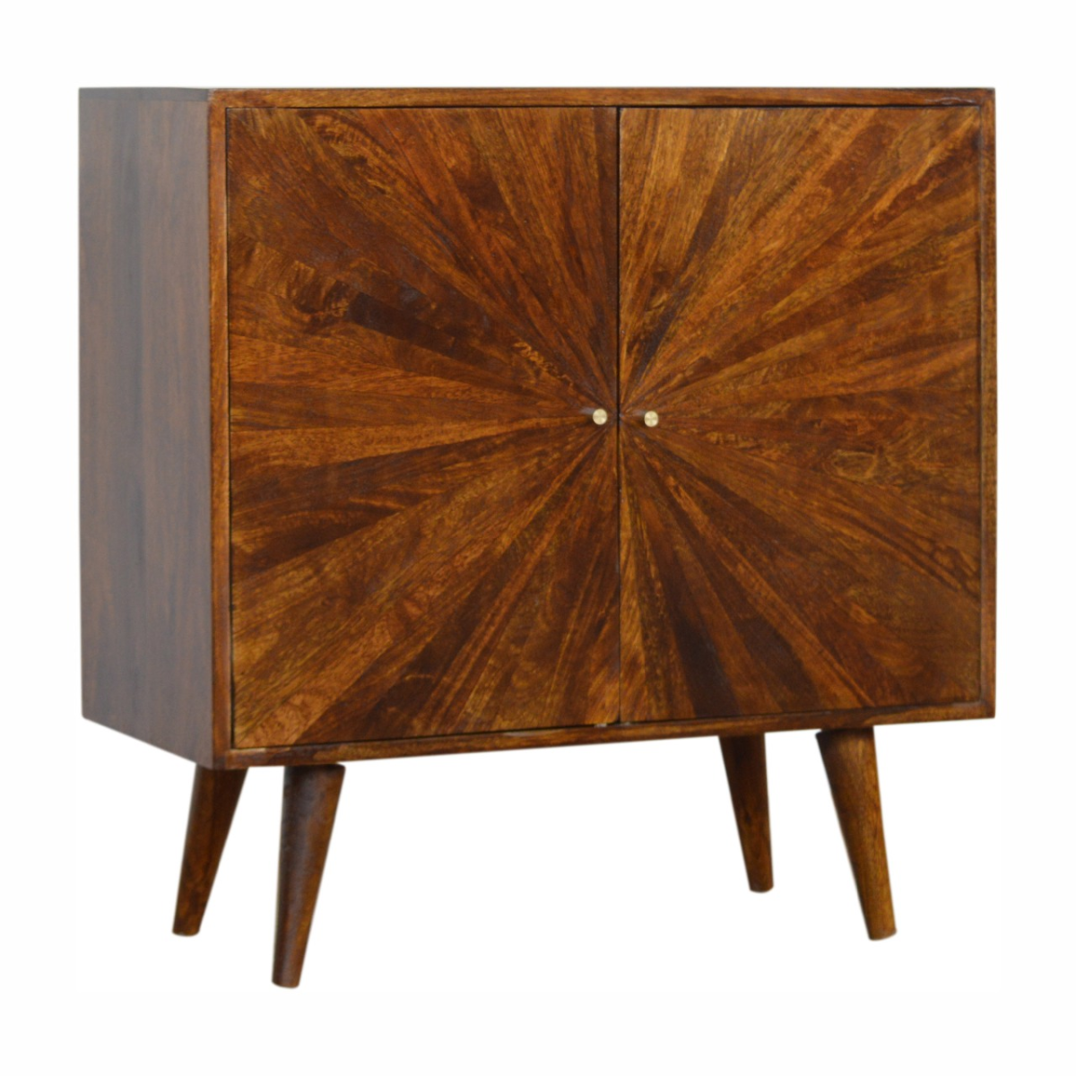 Artisan furniture solid mango wood chestnut sunrise cabinet with sunburst pattern and tapered legs in dark brown wood
