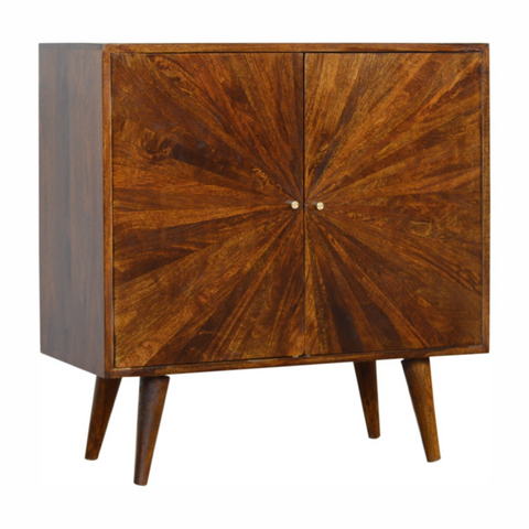 Artisan furniture solid mango wood chestnut sunrise cabinet with sunburst pattern and tapered legs in dark brown wood