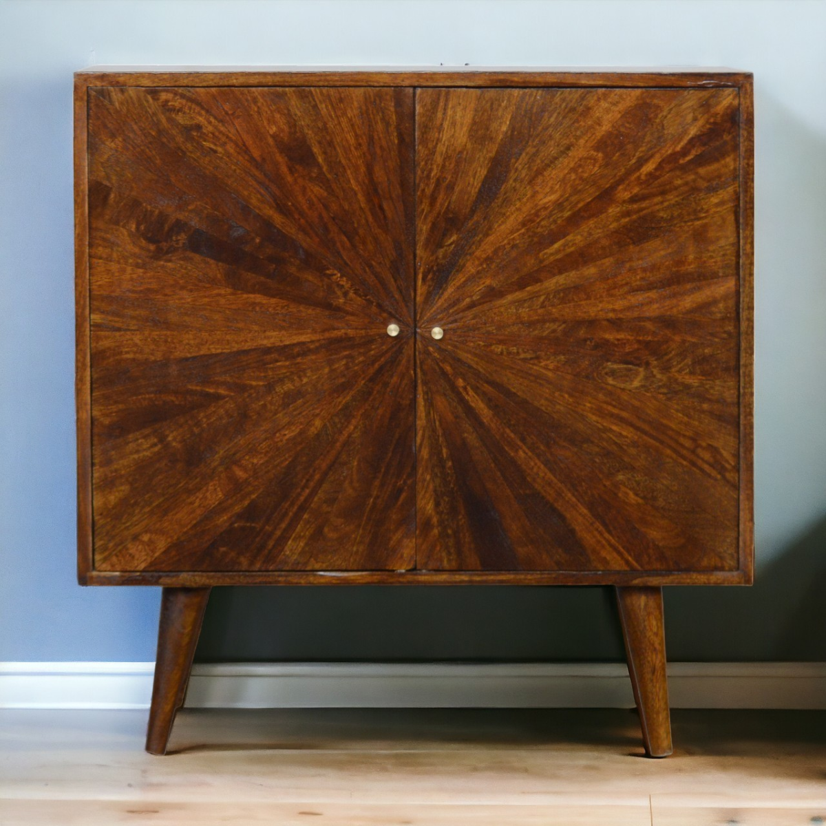 Artisan furniture solid mango wood chestnut sunrise cabinet with sunburst pattern and tapered legs in mid-century modern style