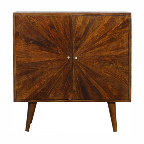 Artisan furniture solid mango wood chestnut sunrise cabinet with dark brown sunburst pattern and tapered legs