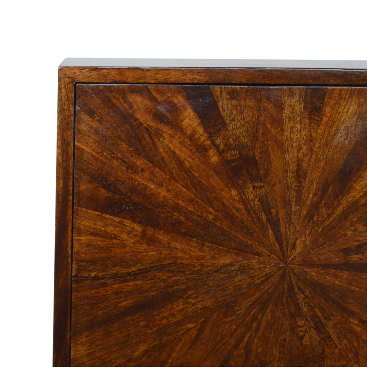 Rich dark brown solid mango wood cabinet door with striking sunburst inlay artisan furniture chestnut sunrise design