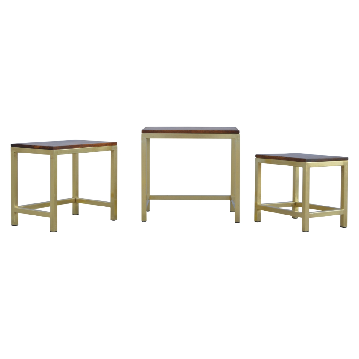 Set of three modern side tables with gold metal frames and solid mango wood tops stool set with chunky design