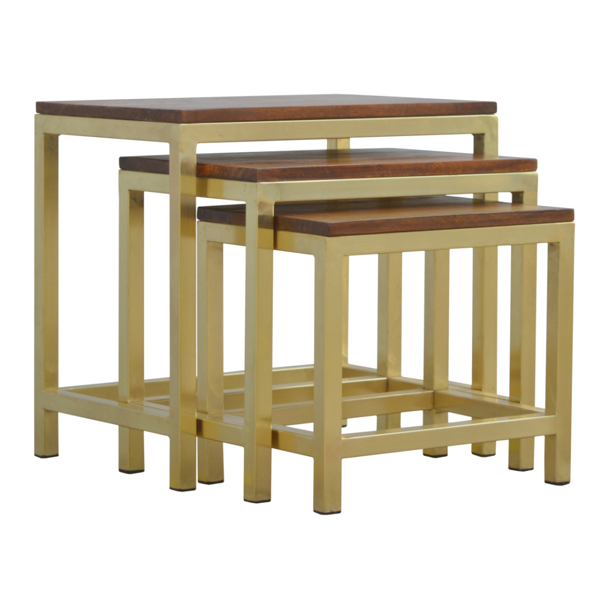 Set of three nested square stool set with solid mango wood tops and chunky gold metal frames for artisan furniture