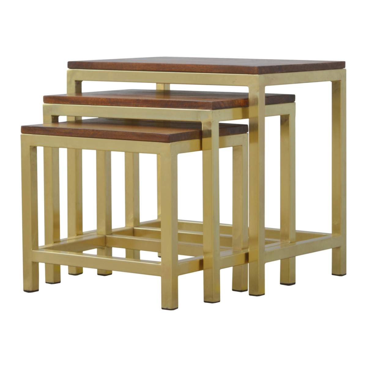 Set of three nested stool set with solid mango wood dark tops and chunky gold metal frames for artisan style