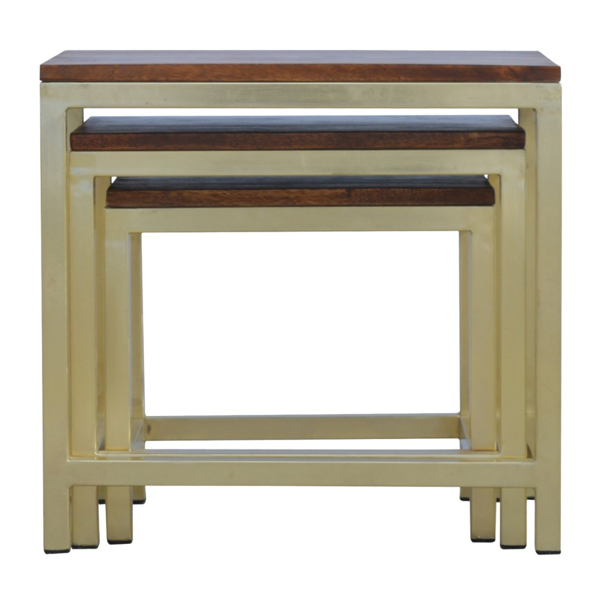 Set of three nesting tables with cream metal frames and dark brown solid mango wood tops in stool set design