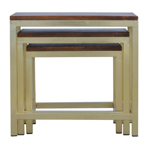 Set of three nesting tables with cream metal frames and dark brown solid mango wood tops in stool set design