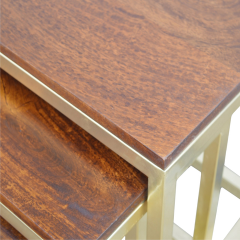 Brown wooden nesting tables with brass frames made from solid mango wood from artisan furniture stool set of 3