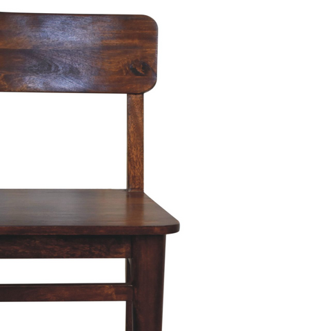 Dark brown solid mango wood classic chestnut dining chair with simple rustic design and visible wood grain
