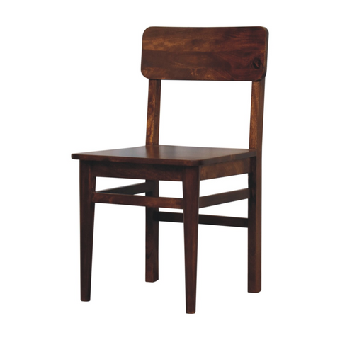 Dark brown solid mango wood chestnut dining chair with minimalist design and slightly rounded backrest