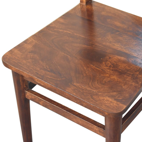 Artisan furniture solid mango wood classic chestnut dining chair with rich dark brown polished finish and natural grain