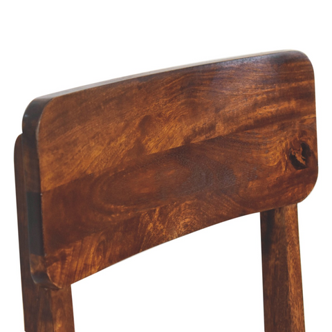 Back side of a classic chestnut dining chair with rich dark brown solid mango wood and visible natural grain patterns