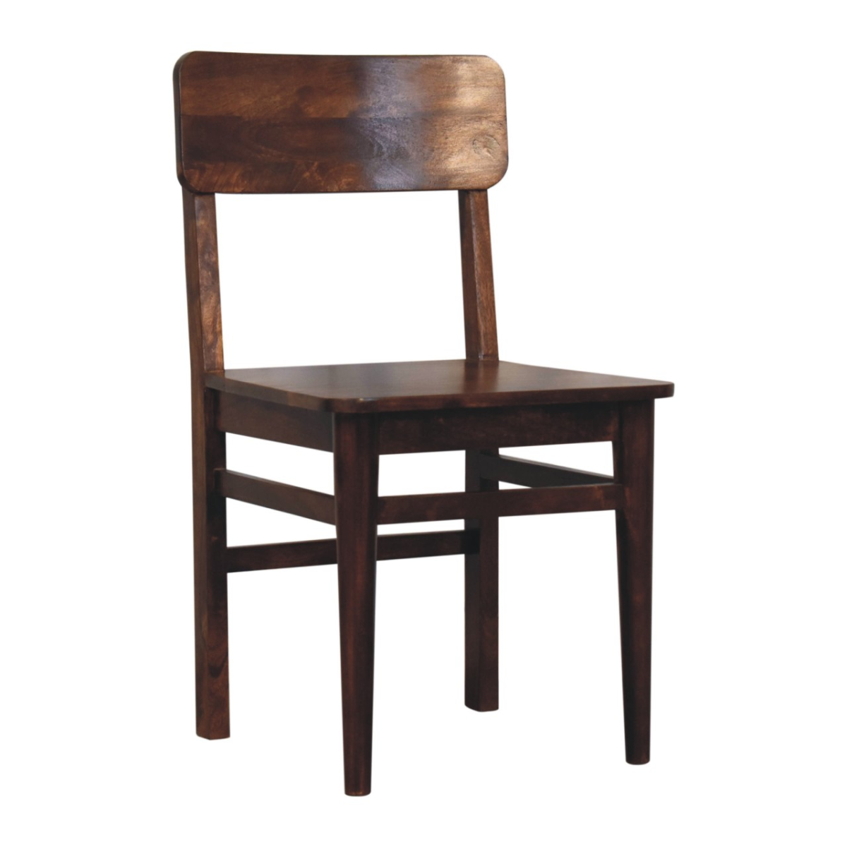 Dark brown solid mango wood classic chestnut dining chair with simple minimalist design and rounded backrest