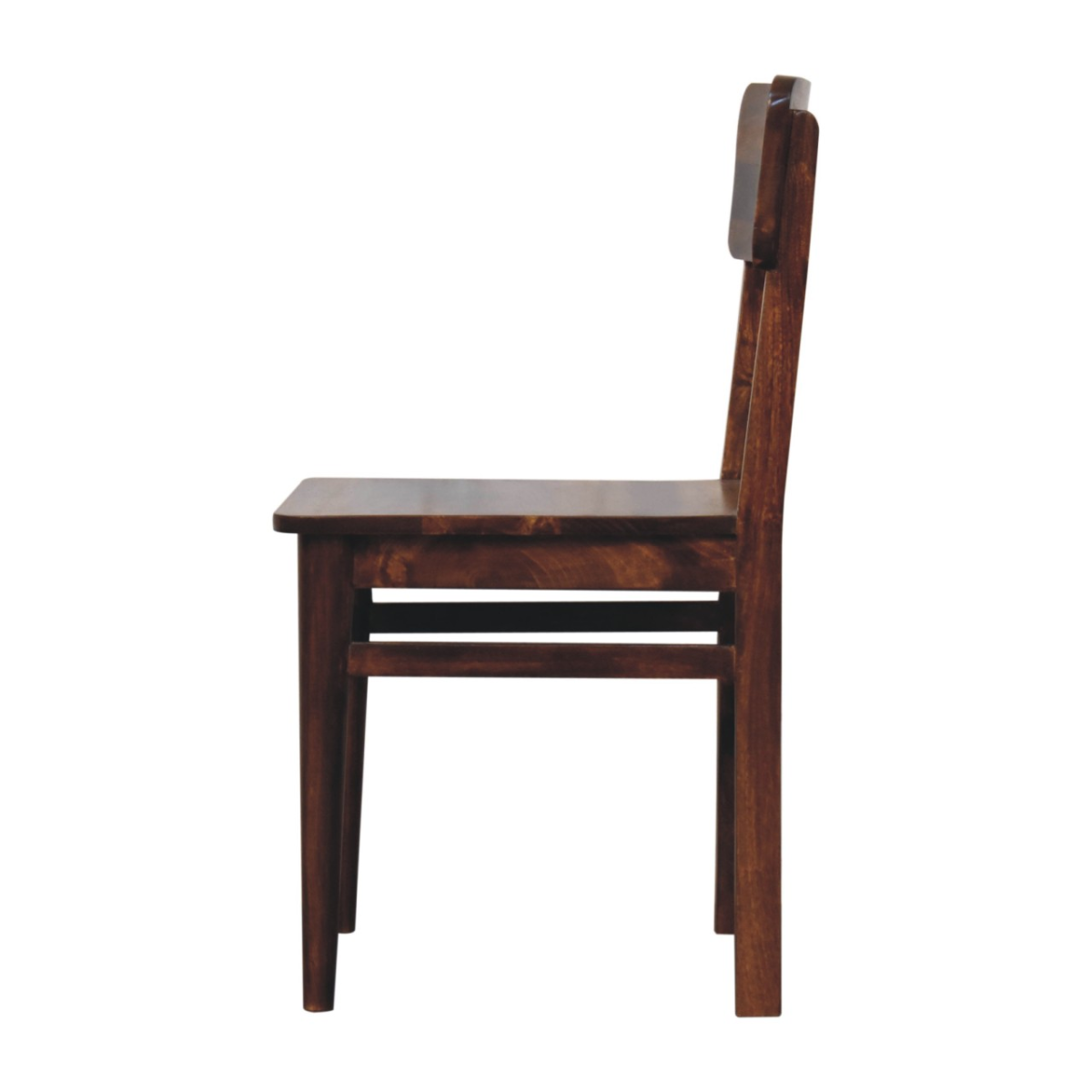 Dark brown classic chestnut dining chair made of solid mango wood with a simple sturdy design and vertical slats