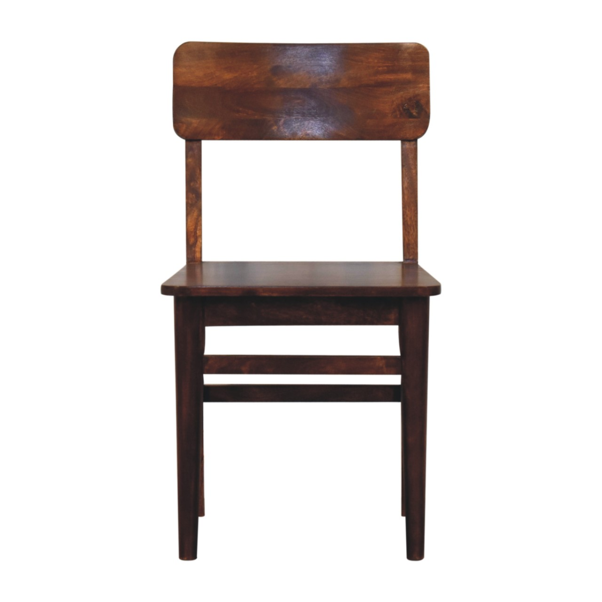 Dark brown solid mango wood chestnut dining chair with minimalist design and visible wood grain from artisan furniture