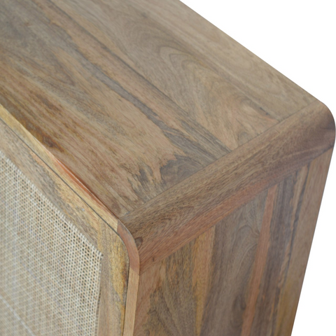 Artisan furniture solid mango wood sideboard with reclaimed wood finish and woven cane sliding cabinet panels