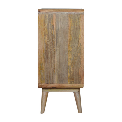 A rustic reclaimed wood side table with solid mango wood and tapered legs perfect for artisan furniture decor
