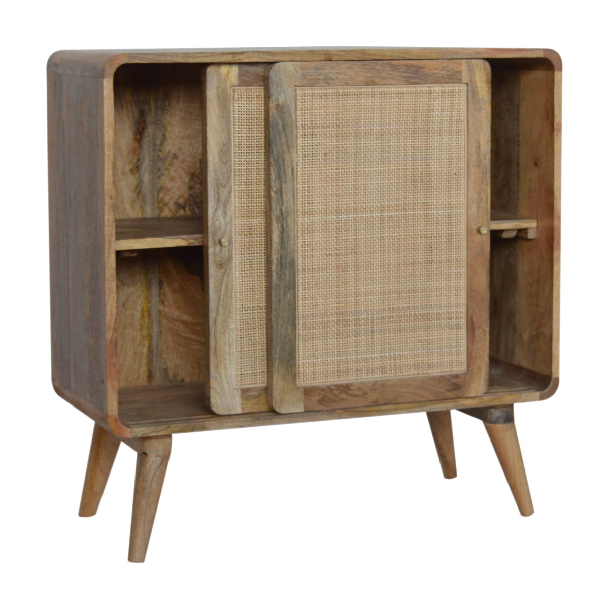 Mid-century modern wooden cabinet with cane panel doors and tapered legs made from solid mango wood