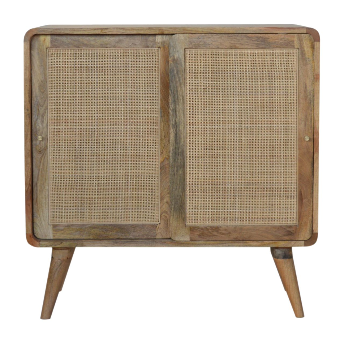 Rustic wooden sliding cabinet with cane panel doors and tapered legs made of solid mango wood