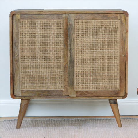 Artisan furniture rustic wooden sideboard with cane-paneled doors and tapered legs made of solid mango wood