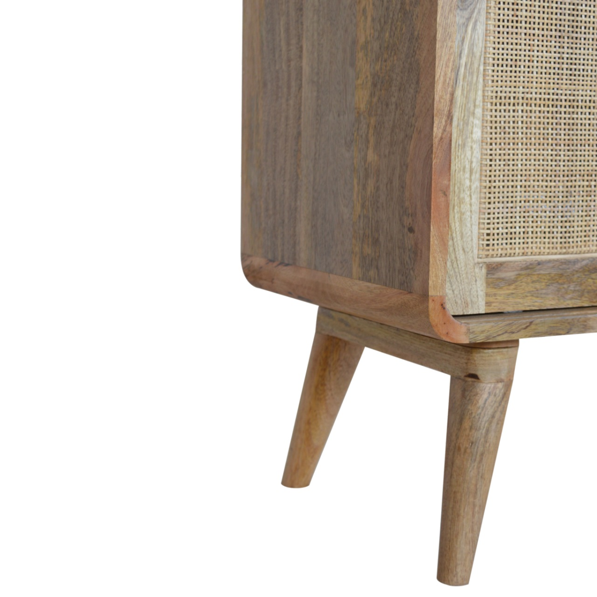 A rustic wooden sideboard with solid mango wood, natural finish, cane paneling, and tapered legs perfect for storage