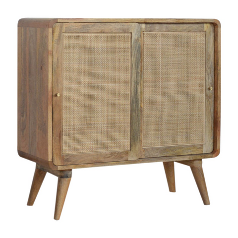 Artisan furniture solid mango wood rustic wooden cabinet with cane panel doors and tapered legs