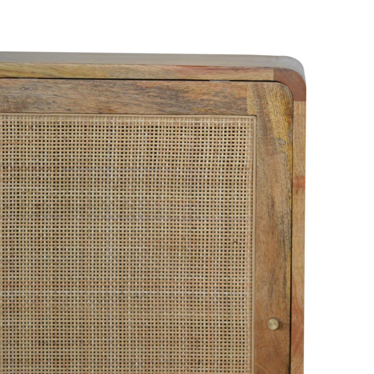Artisan furniture solid mango wood sliding cabinet with rustic wooden-framed cane panel and warm natural finish