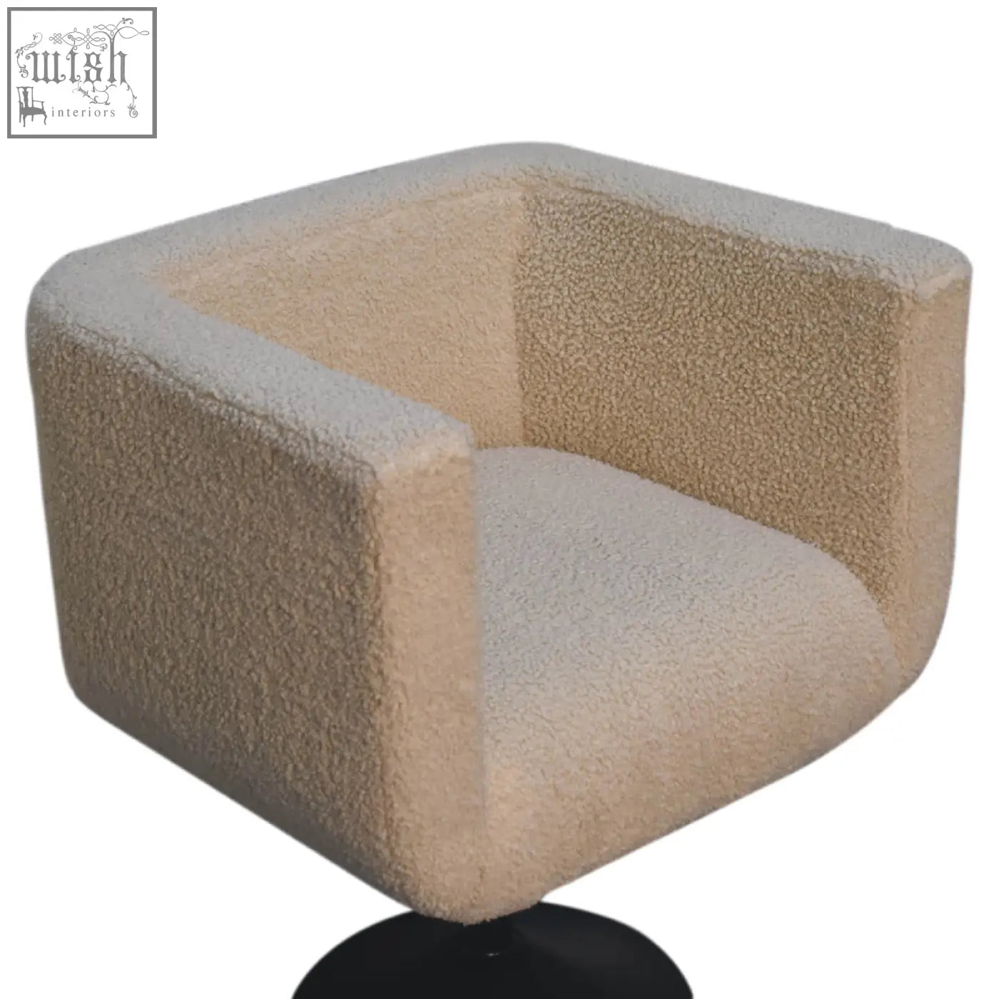Artisan furniture cream boucle swivel chair in beige and light gray with textured upholstery and black swivel base