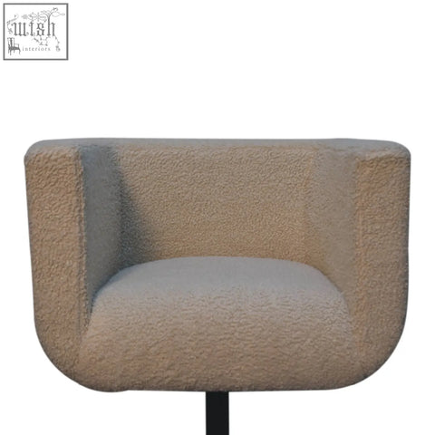 Beige cream boucle swivel chair with textured upholstery and solid mango wood frame for modern minimalist style