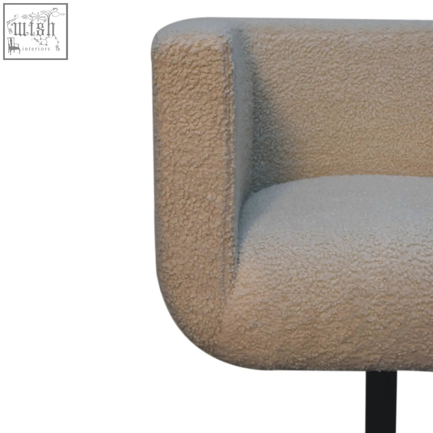 Artisan Furniture solid mango wood cream boucle swivel chair with beige textured upholstery and rounded contours