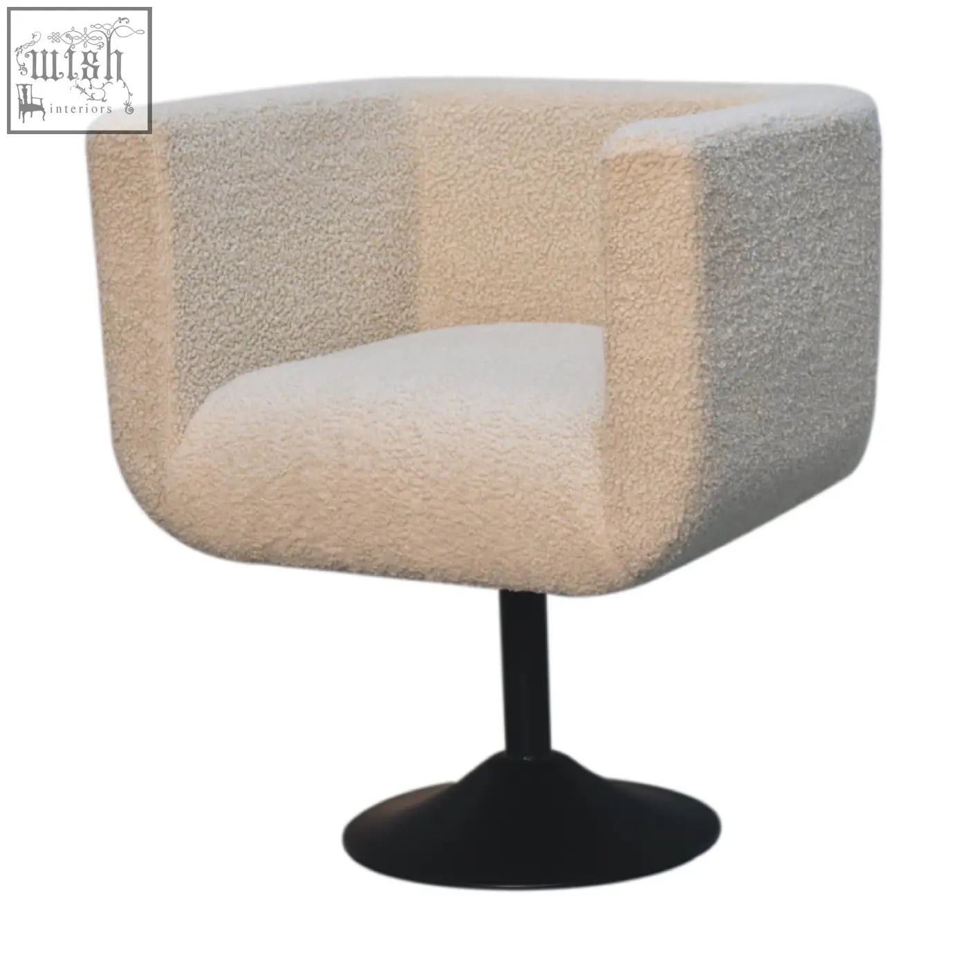 Artisan furniture cream boucle swivel chair with textured two-tone fabric and black pedestal base