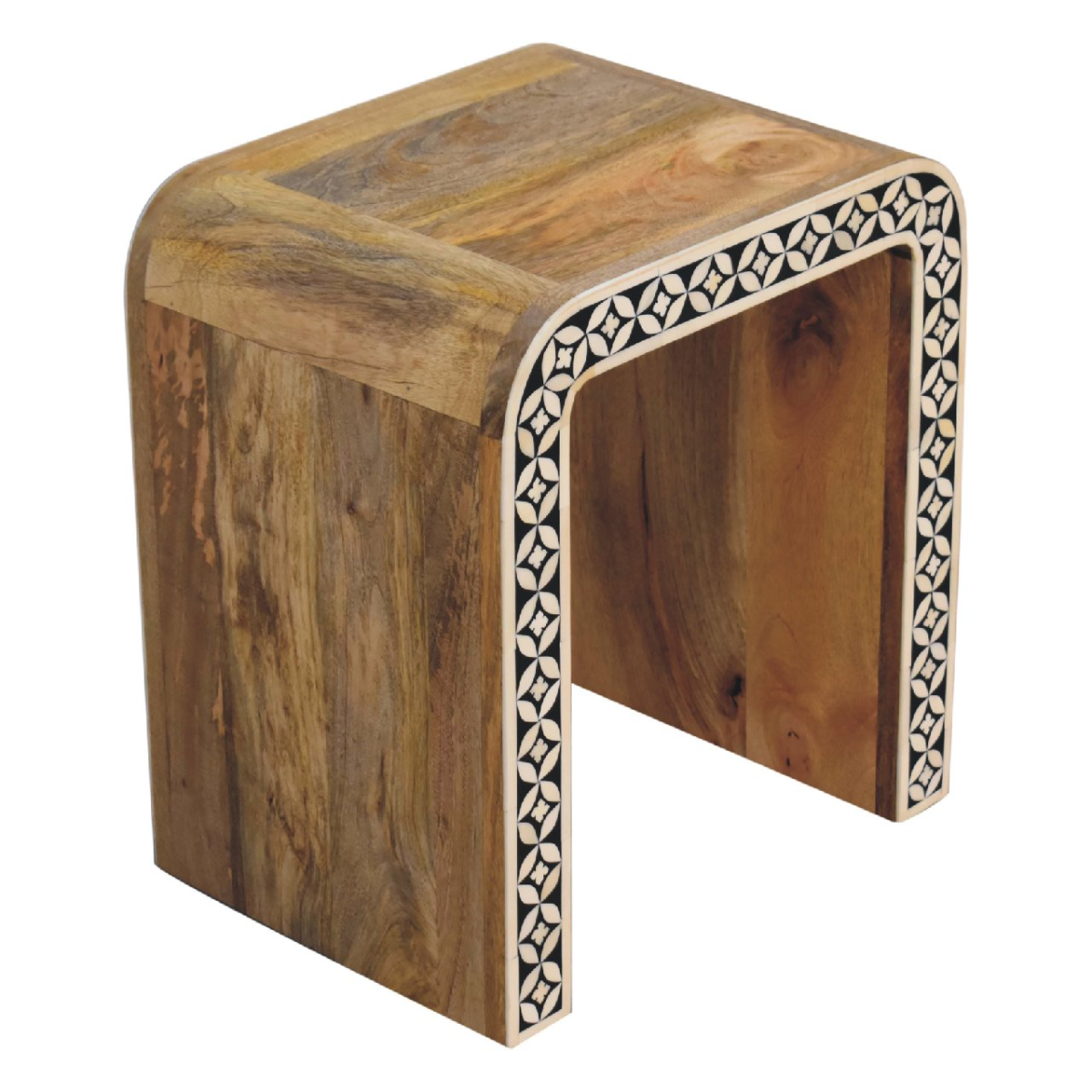 A rustic end table made of solid mango wood with curved design and black and white bone inlay edges