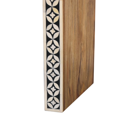 A solid mango wood end table with black and white bone inlay geometric pattern on the side handcrafted artisan furniture