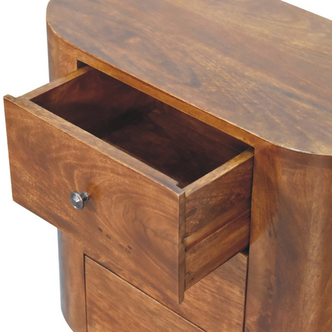 Artisan furniture solid mango wood mini chestnut cabinet with warm medium-brown finish and open drawer with silver knob