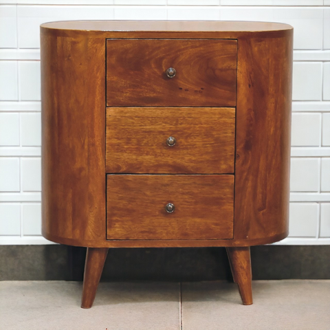 Artisan furniture solid mango wood mini chestnut cabinet with warm medium-brown finish and three drawers
