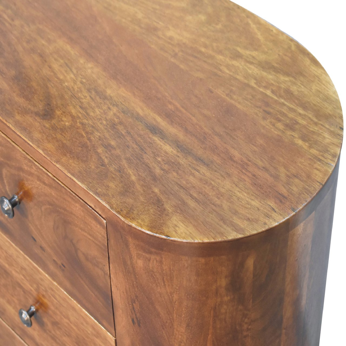 Artisan furniture solid mango wood mini chestnut cabinet with warm brown curved top and silver-toned knobs