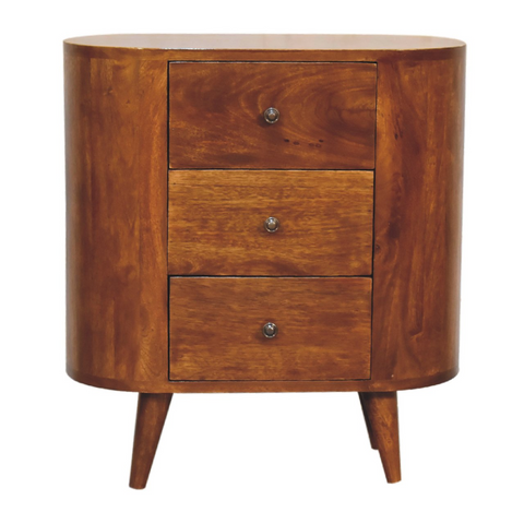 Artisan furniture solid mango wood medium-brown mini chestnut cabinet with three drawers and tapered legs